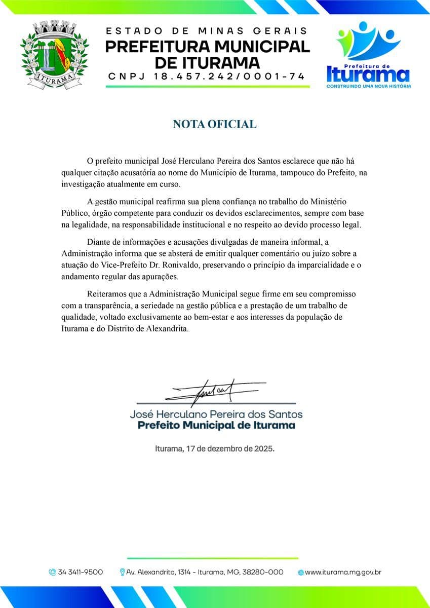 Prefeitura de Iturama divulga nota oficial e nega citação em investigação