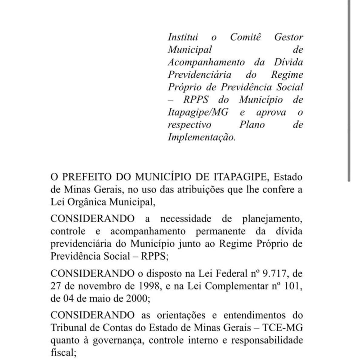 Itapagipe institui Comitê Gestor para monitoramento da dívida previdenciária municipal